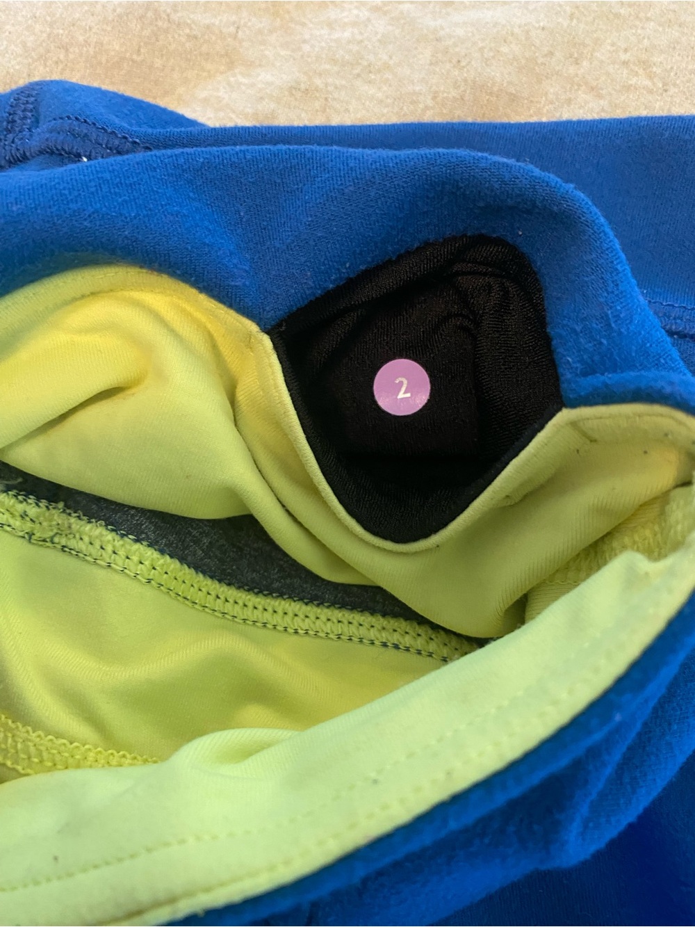 Lululemon reversible Blue/grey Athletic Leggings with Yellow Waistband - Picture 3 of 5